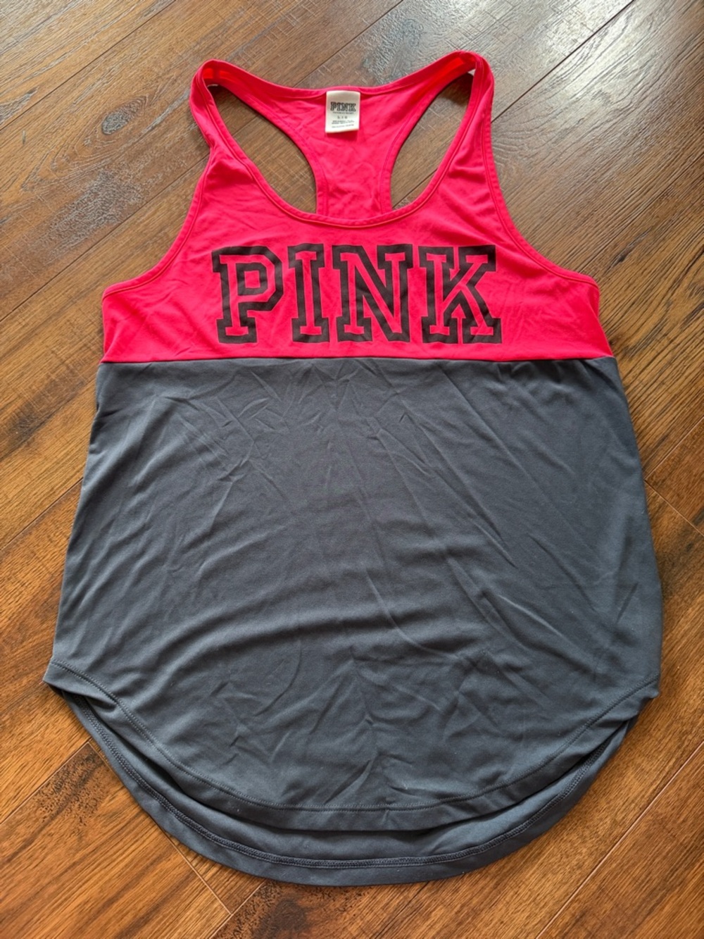 PINK Victoria's Secret Hot Pink and Charcoal Colorblock Racerback Tank large